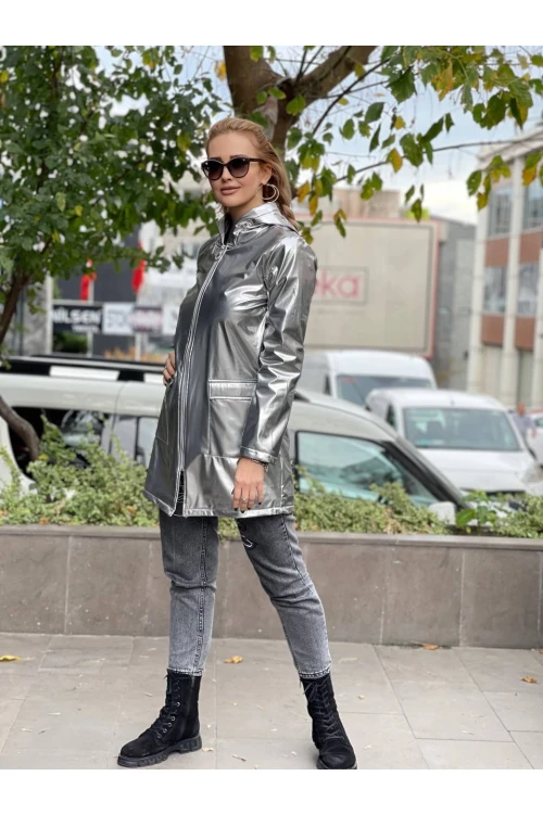 Kapüşonlu Uzun Fermuarlı Deri Mont