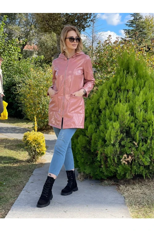 Kapüşonlu Uzun Fermuarlı Deri Mont