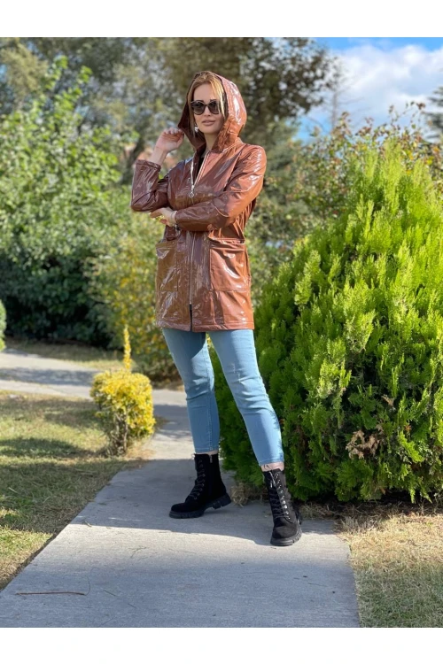 Kapüşonlu Uzun Fermuarlı Deri Mont