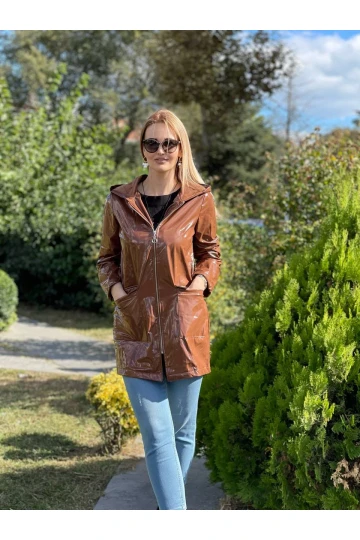 Kapüşonlu Uzun Fermuarlı Deri Mont